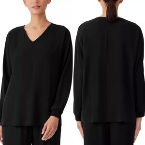 Eileen Fisher 100% Silk Black Tunic Top L Long Sleeve
